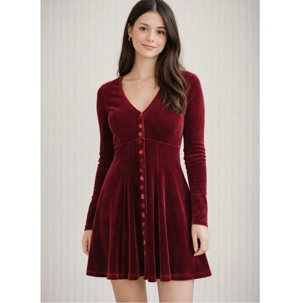 VINTAGE Luly K 90s Y2K Red Velvet Long Sleeve Babydoll Mini Dress Size Small